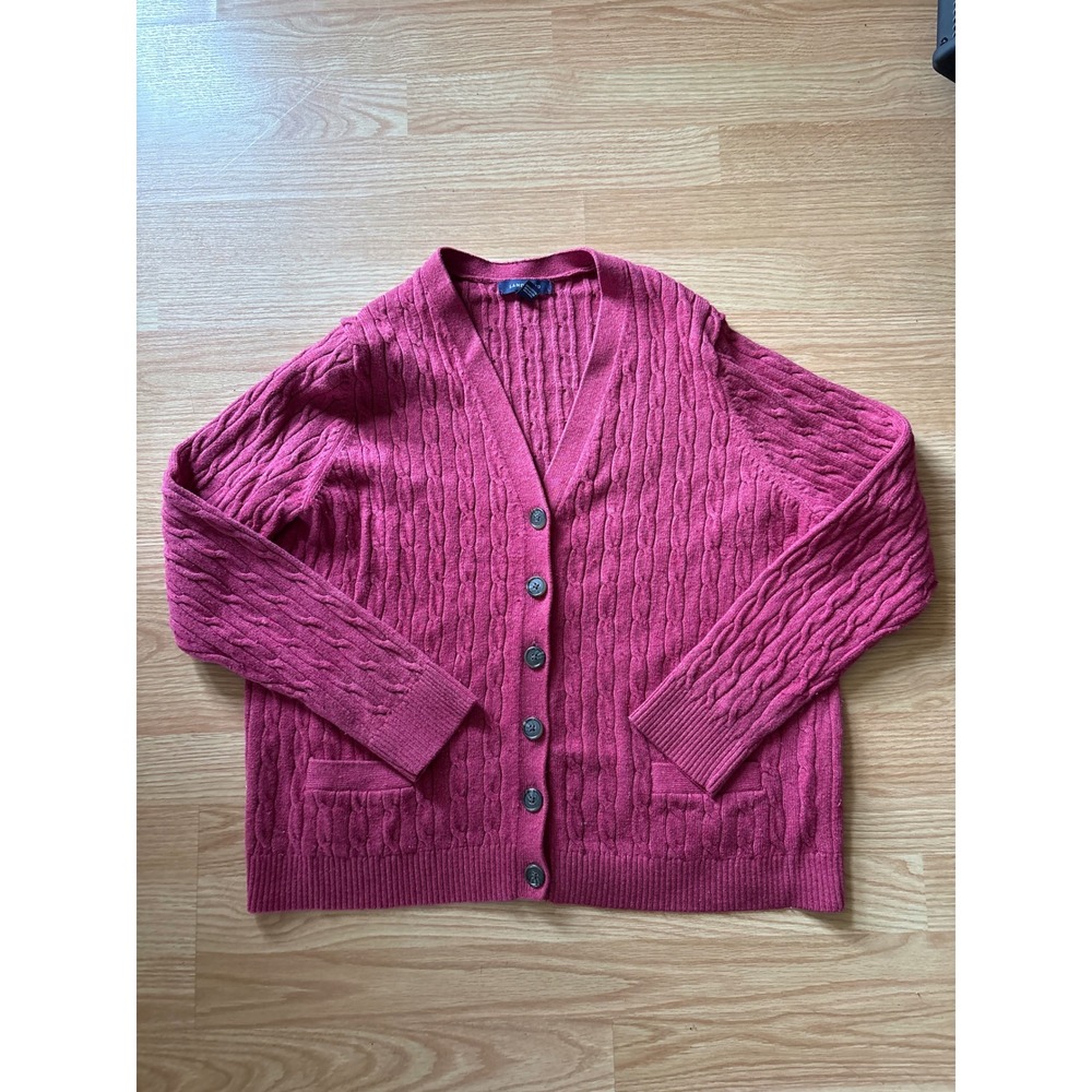 Lands' End Womens XL Berry Pink Cable Knit Wool Blend Button Front Cardigan